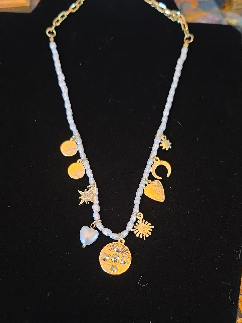 Gold Charm and White Beaded Necklace with Pearl Celestial Accents NWOT